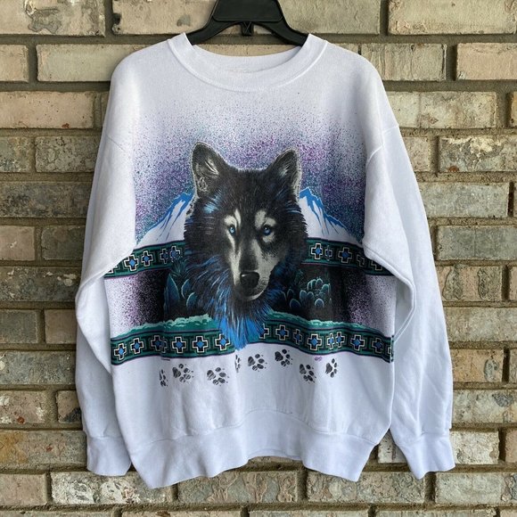 Tultex Other - Vintage Sunrise Sportswear Blue Eye Wolf Sweatshirt White Size Large All Over